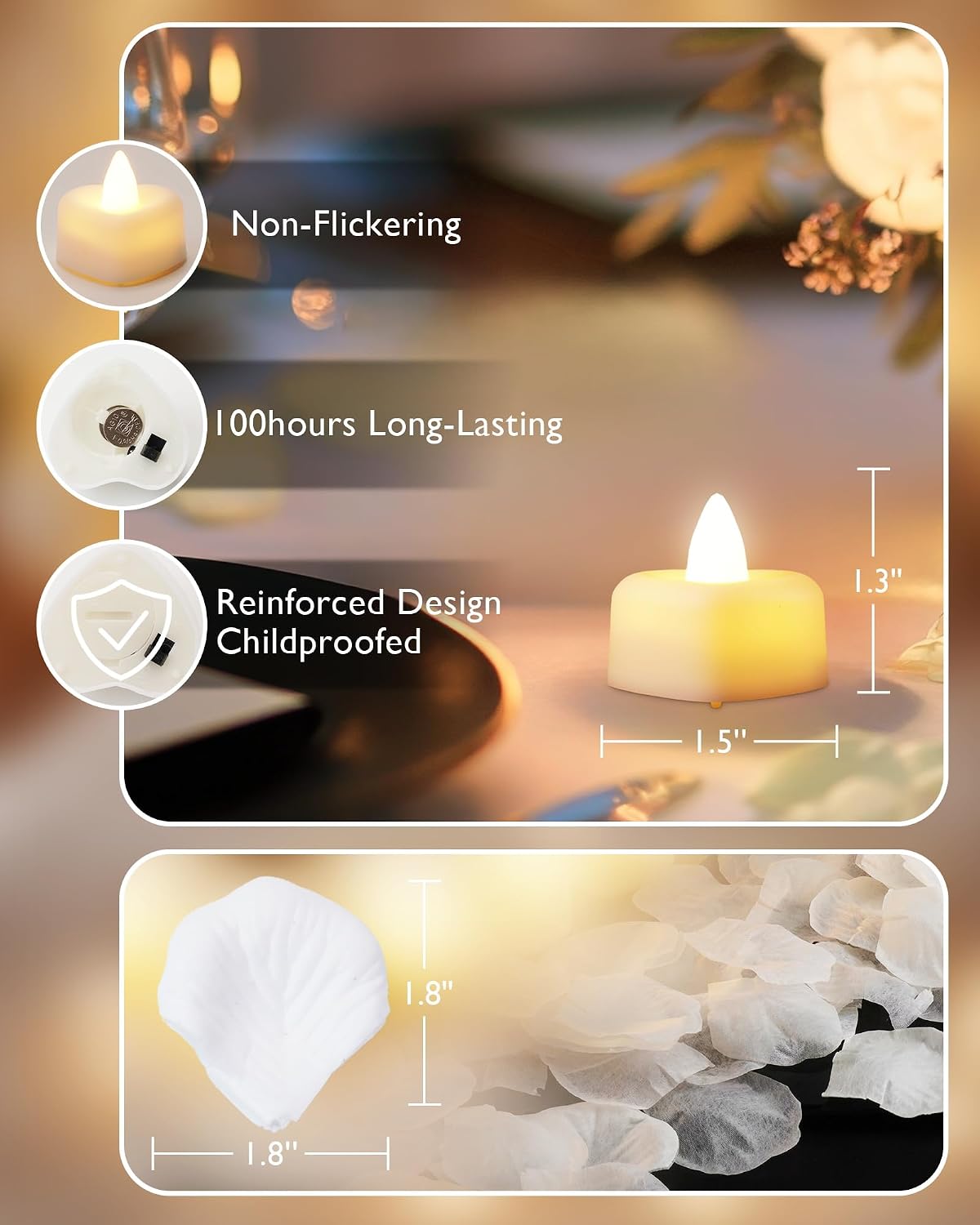 Homemory Rose Petals and Candles Set for Romantic Decorations Special Night, 2000 Pcs White Rose Petals with 24 Pcs LED Heart Candles Lights for Proposal, Anniversary, Birthday, Wedding Decor