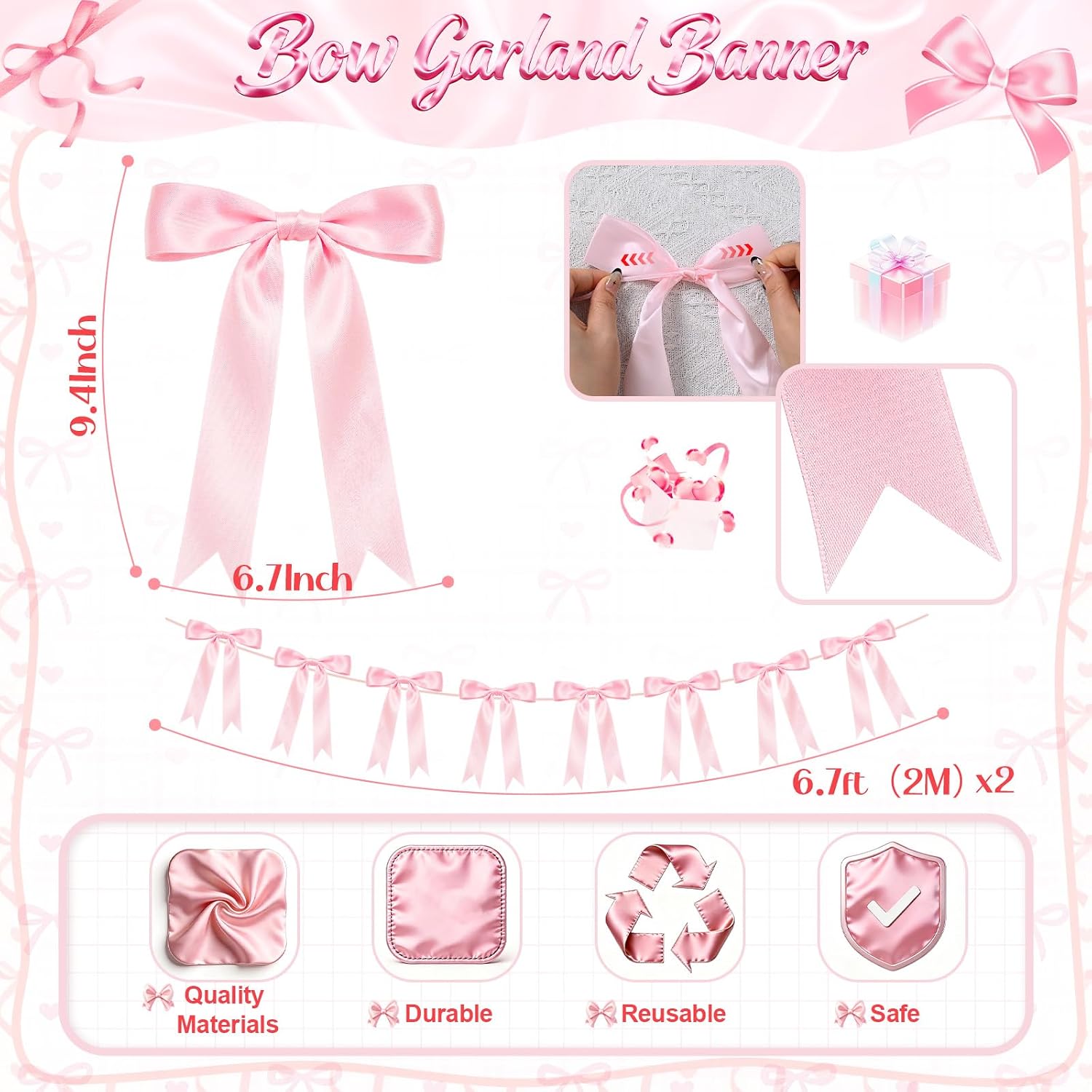 2 Strings Pink Bow Garland Banner Decorations, 16Pcs Pre-Strung Satin Ribbon with 6.7ft Chain for Girl Pink Ribbon Bow Banner Coquette Room Birthday Baby Bridal Shower Wedding Bachelorette Party Decor