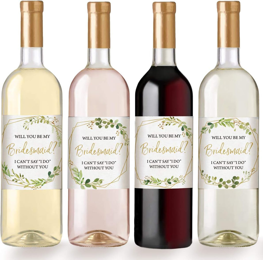 Printed Party Bridesmaid Proposal Wine Bottle Label Gift, Greenery, Set of 8