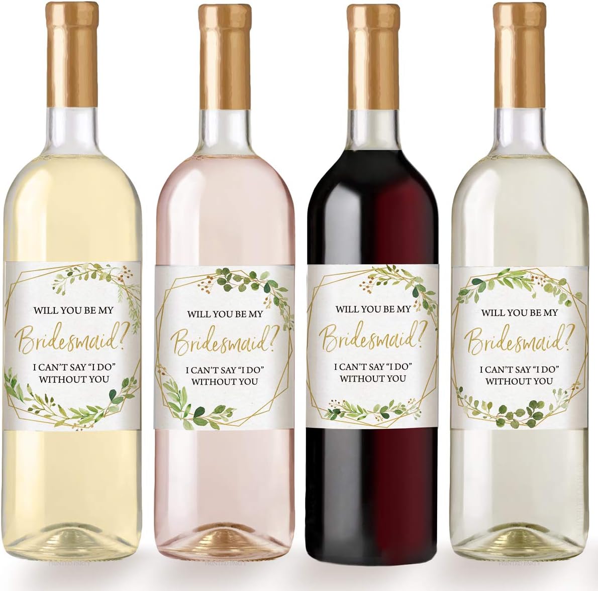 Printed Party Bridesmaid Proposal Wine Bottle Label Gift, Greenery, Set of 8