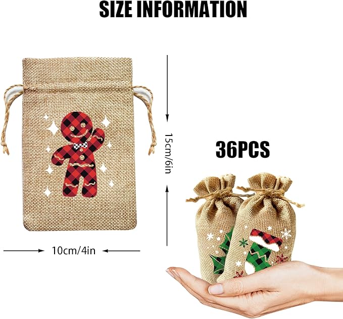CCINEE 36pcs Christmas Drawstring Goody Candy Gift Bags, 4x6 Inch with Double Jute Drawstrings for Xmas Party Favors