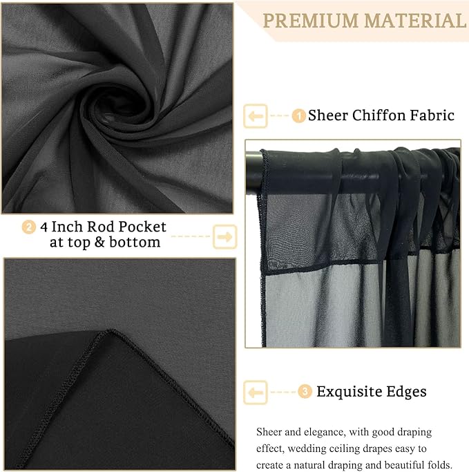 MODFUNS Black Ceiling Drapes Wedding Arch Drapery 5x30ft 4 Panels Chiffon Sheer Curtain Drapes Rustic Fabric for Wedding Party Reception Decoration