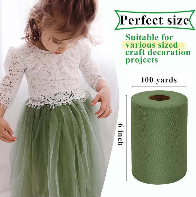 Olive Tulle Fabric Rolls 6 Inch by 100 Yards (300 feet) Fabric Spool Tulle Ribbon for DIY Tutu Bow Baby Shower Birthday Party Wedding Decorations Christmas Craft Supplies