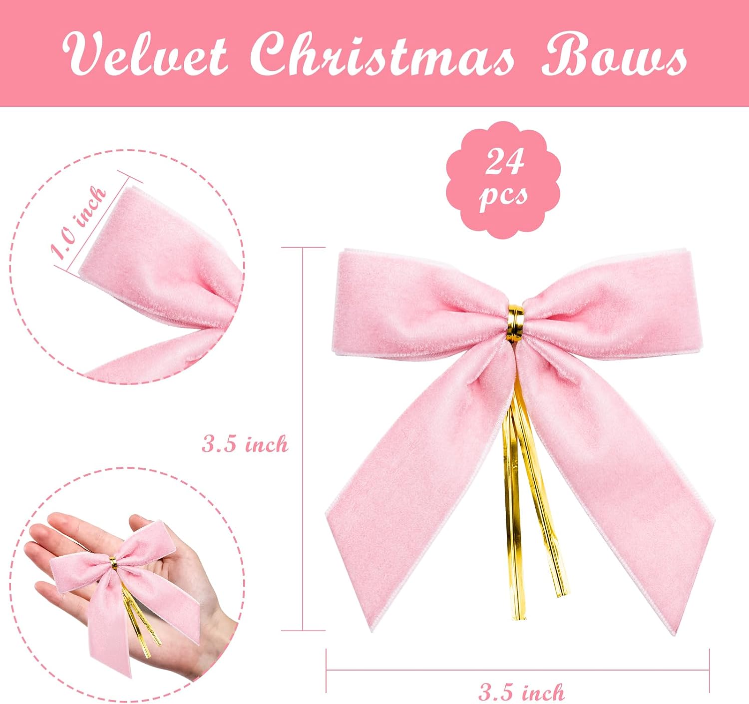 WRAPAHOLIC 24 Pcs Small Pink Velvet Christmas Bows - Pink Twist Tie Bows for Christmas Tree, Wreath, Gift Wrapping, Wedding, Crafts, Home Decor - 3.5 x 3.5 inch