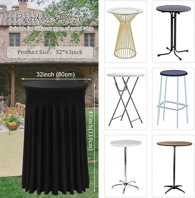 Albassa 2 Pack Cocktail Table Covers 32"x 43" Spandex Stretch Round Cocktail Tablecloths with Wavy Drapes Fitted High Top Bar Table Skirt for Wedding Party Banquet (Black, 2 PCS)