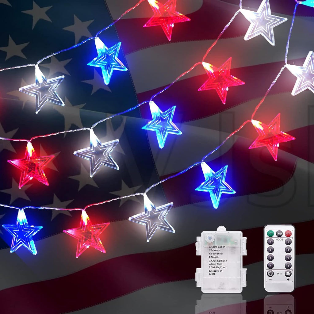Dirnun 4th of July Decorations Red White and Blue Lights with 40 Led Big Stars, 4th of July Lights for Indoor Outdoor Home Garden Golf Cart Patriotic Theme Memorial Independence Day Decorations