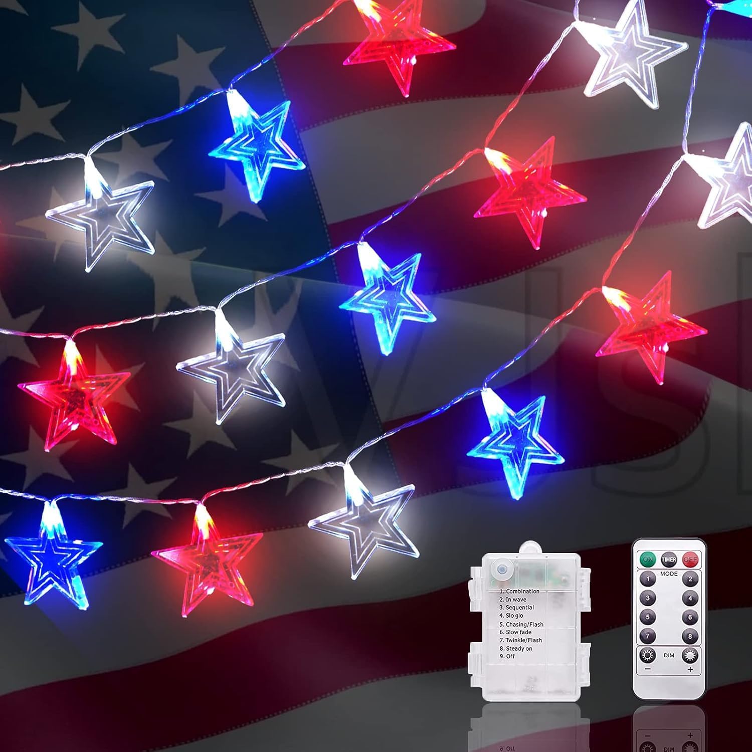 Dirnun 4th of July Decorations Red White and Blue Lights with 40 Led Big Stars, 4th of July Lights for Indoor Outdoor Home Garden Golf Cart Patriotic Theme Memorial Independence Day Decorations