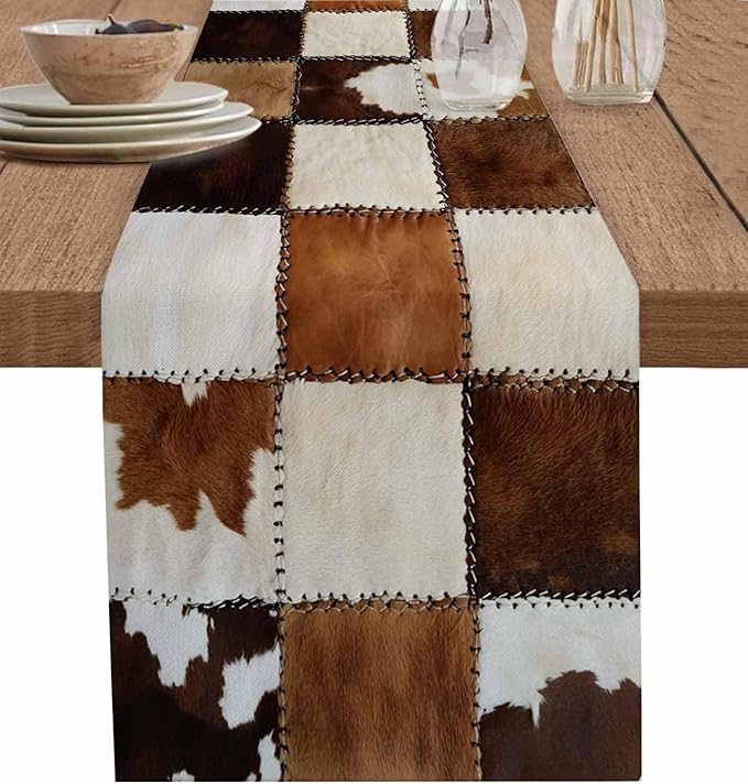 Abstract Cowhides Cotton Linen Table Runner for Dining Kitchen, Wedding Outdoor Party Tablerunners Decoration, Brown Beige Animal Fur Texture Dresser Scarf Coffee Tablecloth Runners 13x36 Inches