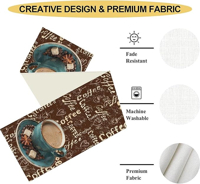 Coffee Theme Table Runner, Farmhouse Retro Brown Coffee Cup Tea Party Rustic Cafe Table Center Decor for Home Kitchen Dining Patio Holiday Party Indoor Outdoor Table Decorations,13"x36" Inch