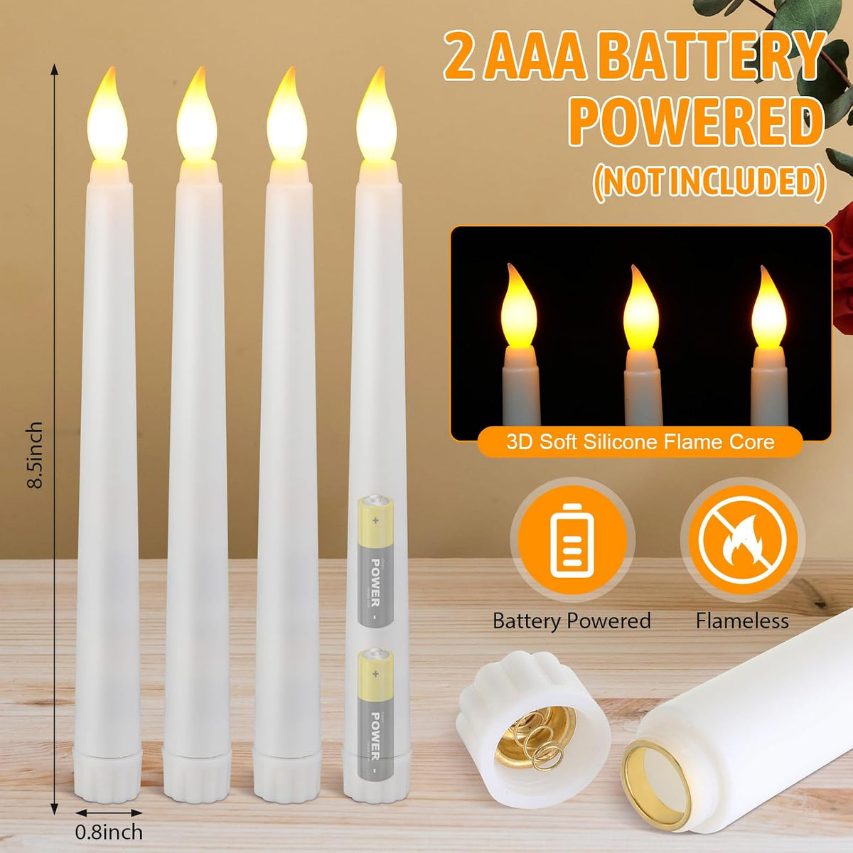 Baquler 50 Pcs 8.5 Inch White LED Flameless Taper Candles Bulk