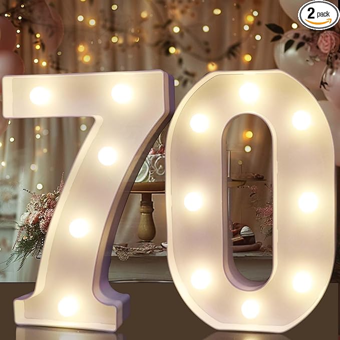 Pooqla Decorative LED Light Up Number Letters, White Plastic Marquee Number Lights Sign for 70th Birthday Party Wedding Decor, Battery Operated (70)