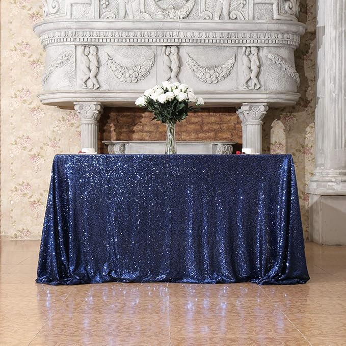 SquarePie Sequin Tablecloth Rectangular 60 x 102 Inch Navy Blue Sparkly Table Linen for Wedding Party