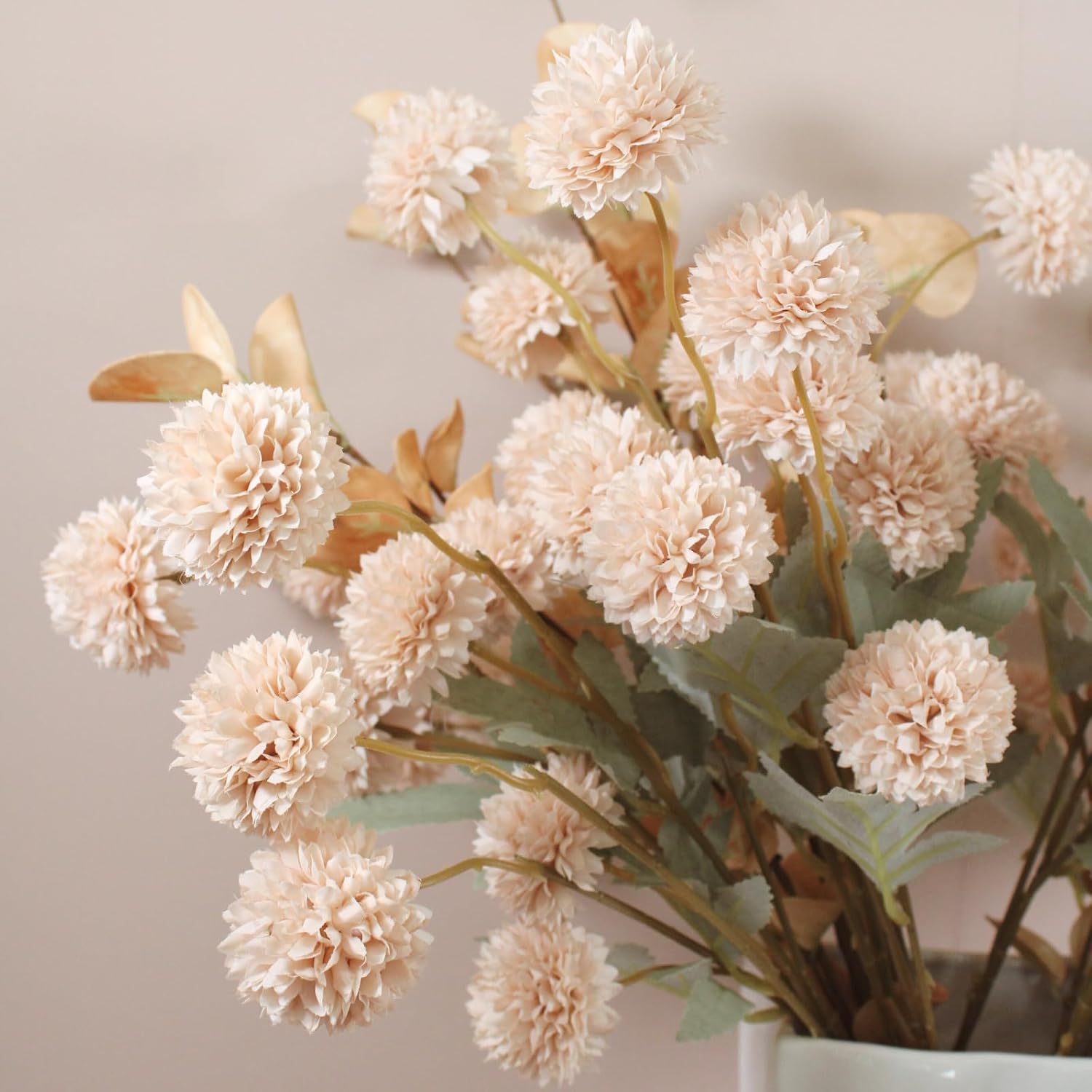 Artificial Flowers for Vase - Beige Silk Mums 10 Long Stems with Eucalyptus, Faux Flowers Home Decor, Neutral Tan Cream Floral Arrangement, Fake Chrysanthemum Pom Pom Stems, Summer Fall Centerpiece