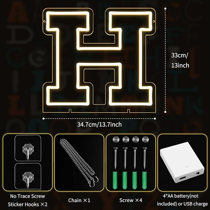 Light Up Letters H, Led Marquee Letter Lights Neon Sign, 13" Height Decorative Lighted Alphabet Number, Battery/USB Powered Led Letters Lights for Wedding, Birthday, Party, Christmas or Home Decor