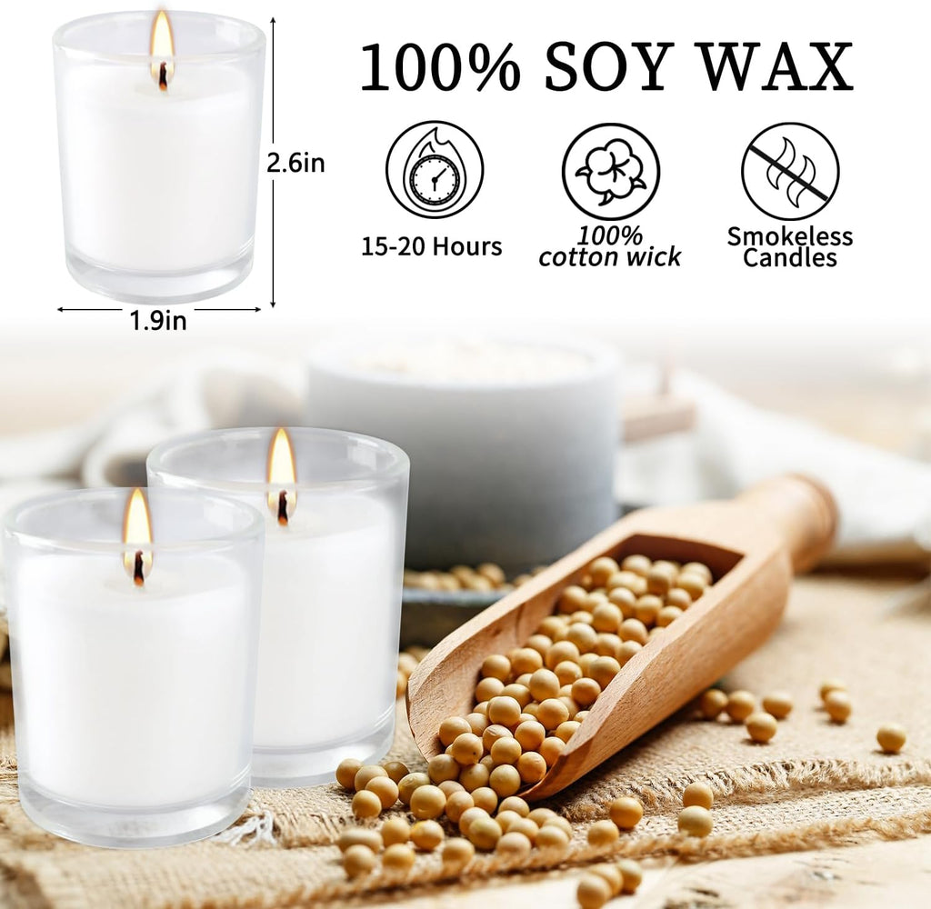 20 Pack Unscented White Clear Glass Filled Votive Candles | Soy Wax, Smokeless, Hand Poured Wax Candles Ideal for Aromatherapy, Spa, Weddings, Birthdays, Holidays & Party Decor