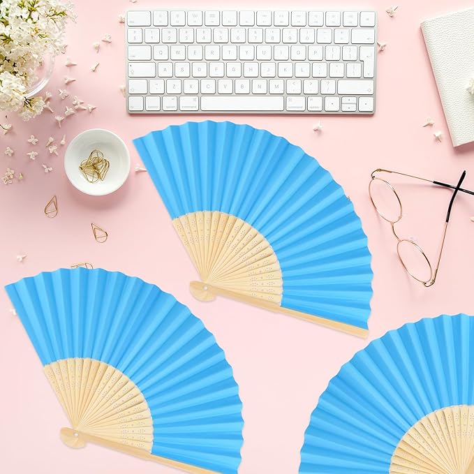 12 Pieces Blue Hand Held Bamboo Folding Fans Paper Fans Handheld for Women Foldable Girls Wedding DIY Decoration Church Home Party Favors Summer