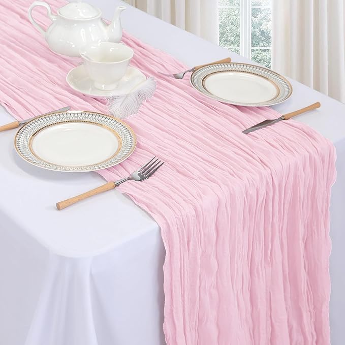 12 Pack Pink Cheesecloth Table Runner 10ft Boho Gauze Fabric Cheese Cloth Table Runner 35 x 120 Inch Rustic Sheer Runner for Romantic Wedding Decor Baby Shower Party Table Centerpiece Decoration