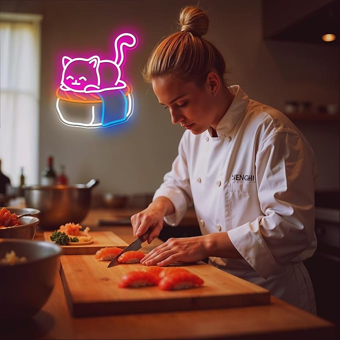 Cute Sushi Cat Neon Sign for Bedroom,Light Up Cat Sign for Pet Store Wall Decor,Kawaii LED Neon Light for Cat Sushi Lovers,Pink Cat Wall Sign for Girls Room,Animal Neon Light Up Wall Art