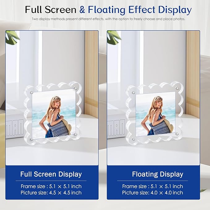 Acrylic Magnetic Picture Frames 4x4-2Pack Clear Freestanding Photo Frame.Double-Sided Scalloped Edges, 10+10mm Thick Block, for Modern Desktop Display &Perfect for Gifts (2 Pack, 4X4)