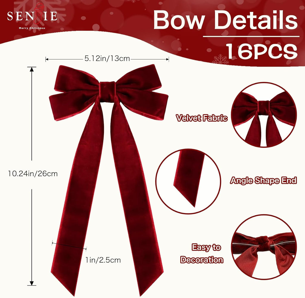 16Pcs Velvet Ribbon Bows for Christmas Tree, Vintage Rustic Small Craft Bows Ornaments for Garland Wreath Gift Wrapping Candy Bags Party DIY Decorations (Burgundy, 5" x 10", Width of 1")