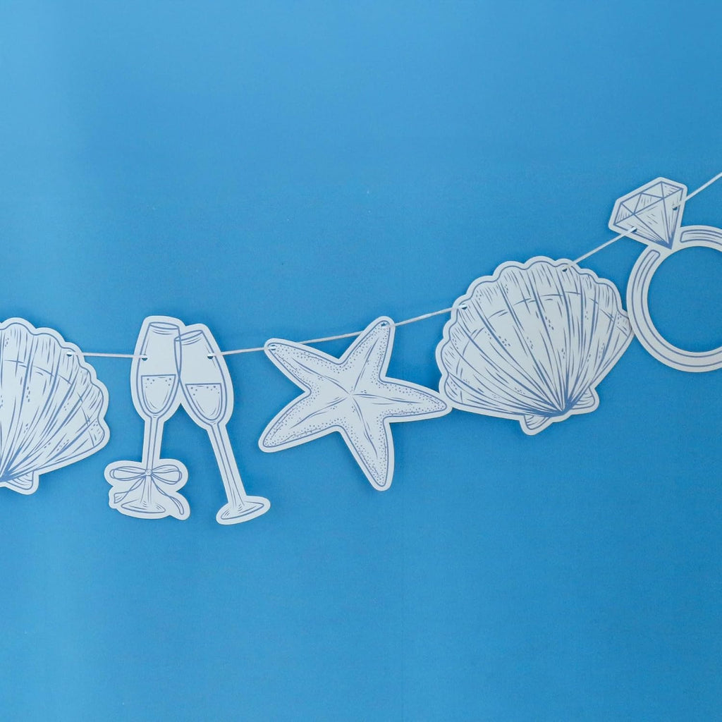 Big Dot of Happiness Last Toast on The Coast Banner, Beach Bridal or Bachelorette Party Decor, 30 Feet of Cord, 15 Double-Sided Seashells, Champagne Glasses, Wedding Ring Shaped Pieces