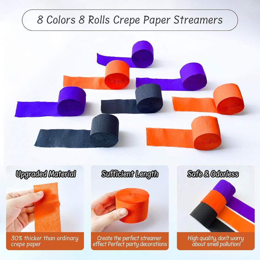 Kleeblatt Halloween Crepe Paper Streamers 8rolls, Halloween Party Decorations Backdrop, Black Orange Purple Paper Activities for Art Supplies, Streamer Crafts for Adults
