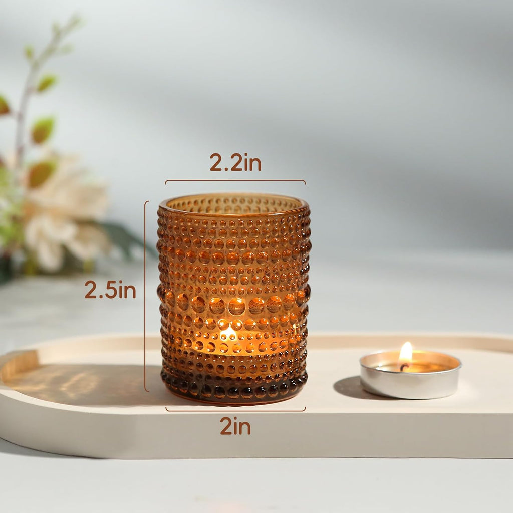 12Pcs Amber Votive Candle Holders 2x2.5in, Glass Tea Light Candle Holder for Wedding Table Decor & Christmas Thanksgiving