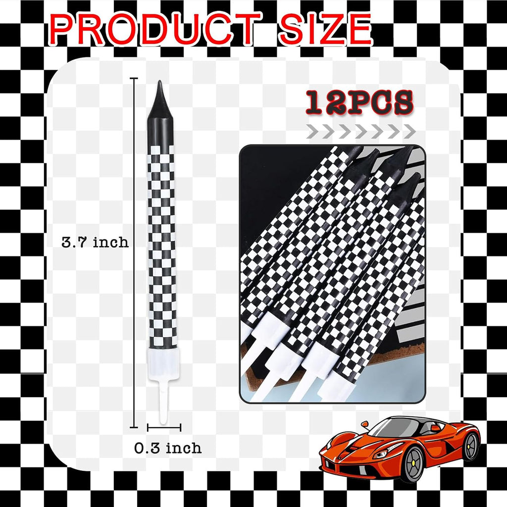 12Pcs Race Car Birthday Candles Cake Topper for Birthday Party Decorations | Black and White Checkered Flag Themed Cupcake Topper for Racing Birthday Decorations Party Supplies