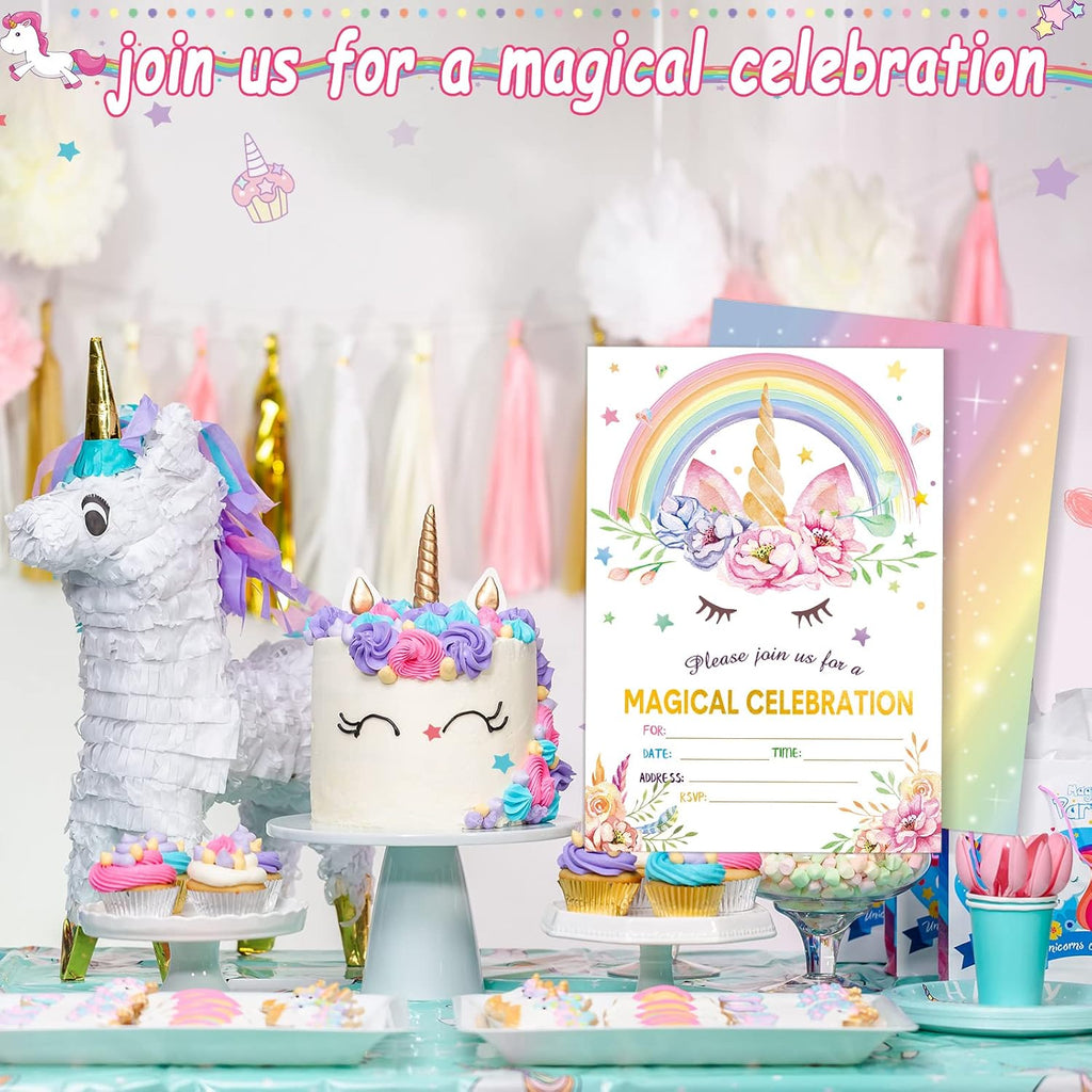 Spakon 24 Pack Unicorn Birthday Invitation for Girls Boys Party Invitation Card 24 Envelope 30 Rainbow Sticker Labels for Birthday Baby Shower Party Supplies