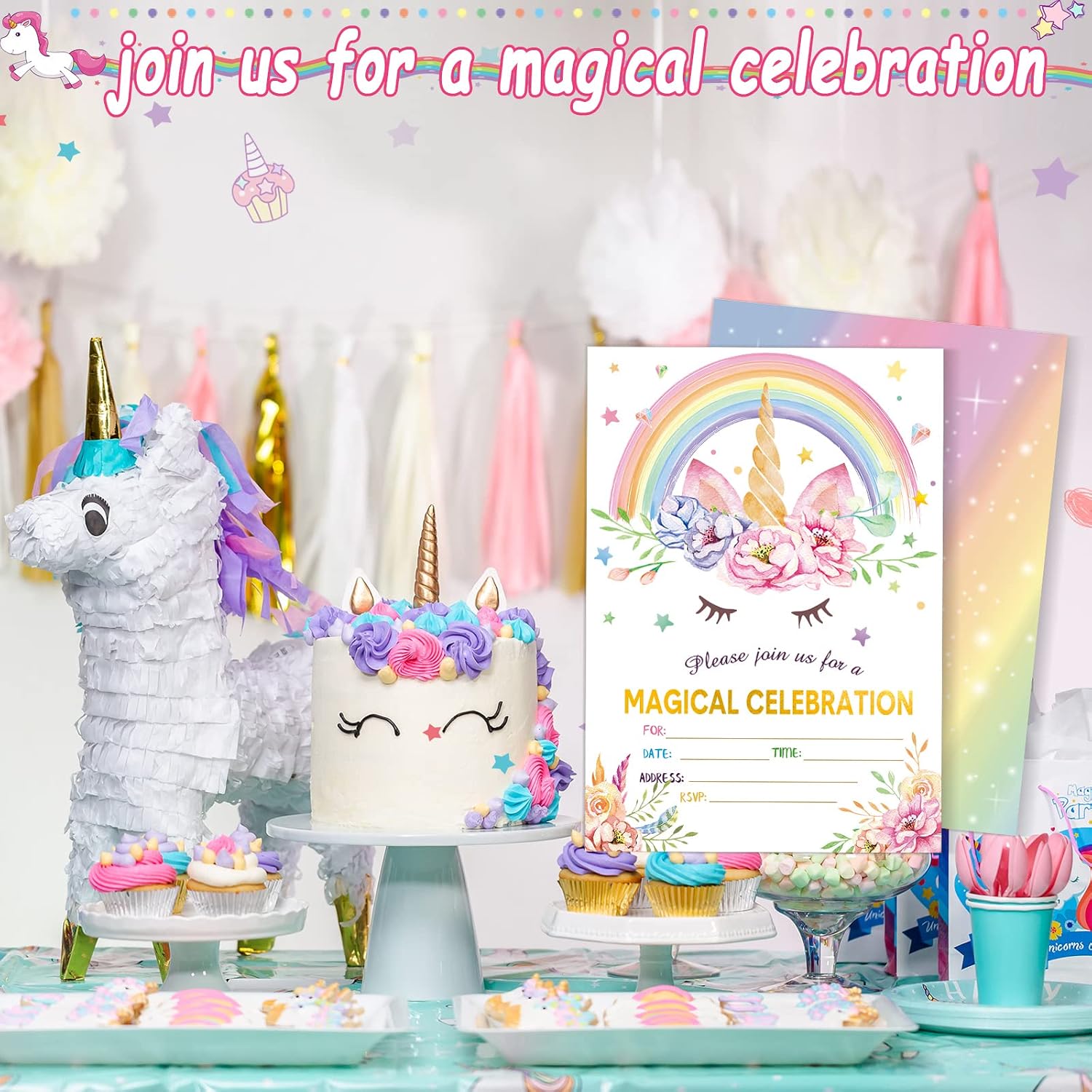 Spakon 24 Pack Unicorn Birthday Invitation for Girls Boys Party Invitation Card 24 Envelope 30 Rainbow Sticker Labels for Birthday Baby Shower Party Supplies