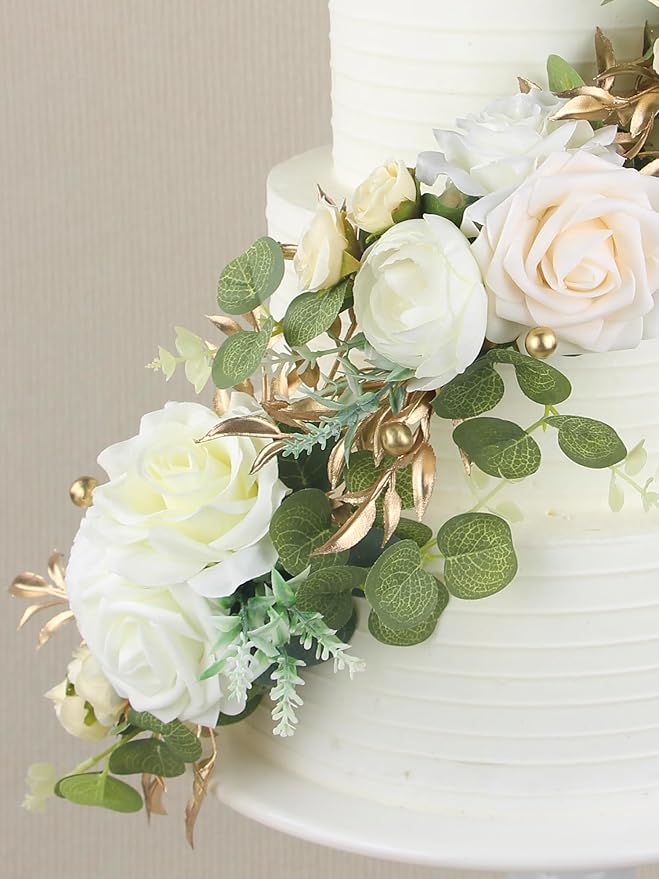 Rinlong 3Pcs Pre-made Cake Toppers Flowers Cake Decorations Wedding Cake Decorating Flowers Decor Christening Birthday Baptism Baby Shower Party Cake Topper Flower Arrangements White Gold