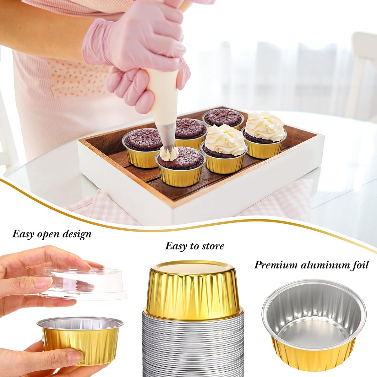 Gejoy 400 Pcs Aluminum Foil Baking Cups with Lids, Classic, Gold