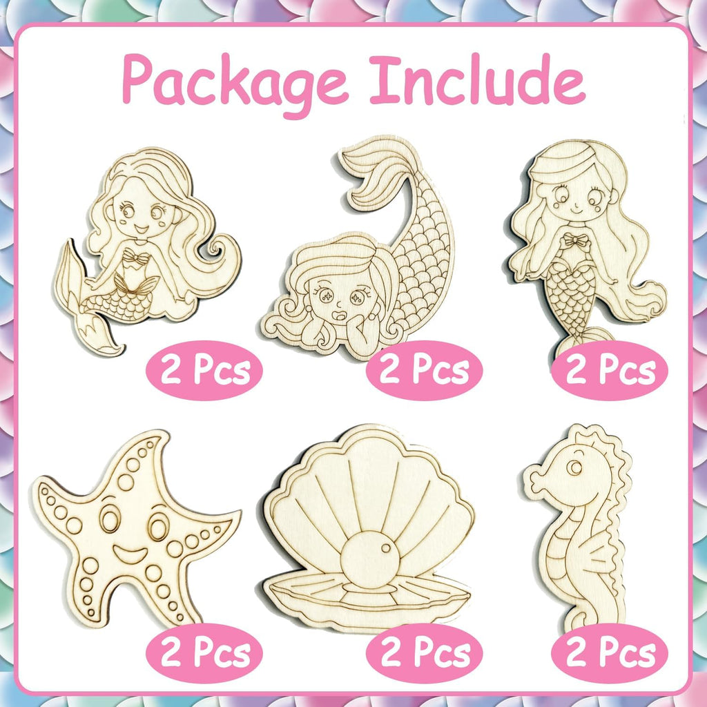 12PCS Mermaid Party Favors- DIY Mermaid Wood Painting Kits with Art Supplies – Fun Thank You Gifts, Birthday party& Goodie Bag Stuffers