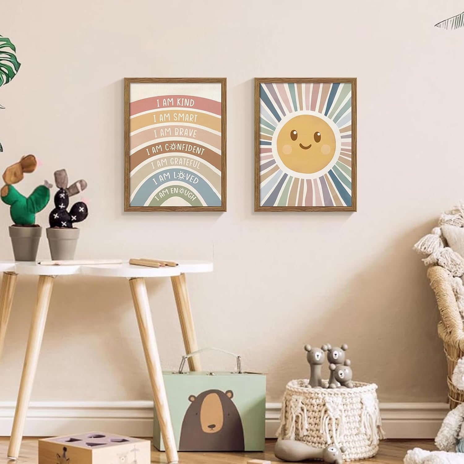 2 Piece Framed Boho Rainbow Kids Room Wall Art 12x16 Inch | Positive Affirmations Playroom Wall Decor, Sun Smiley Face Nursery Painting Canvas Prints for Classroom Toddler Room Decor