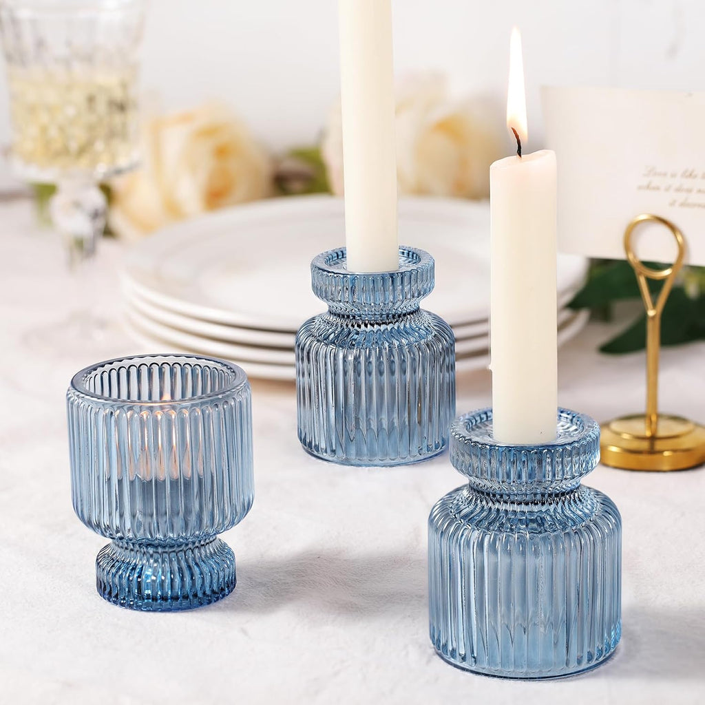 DARJEN 6 Pcs Blue Glass Candlestick Holders with Vertical Stripes - Irregular Shaped, Dual-Use for Taper Candles & Votive/Tea Lights, Candle Holders for Dining Table, Wedding, Party, Home, Gifts