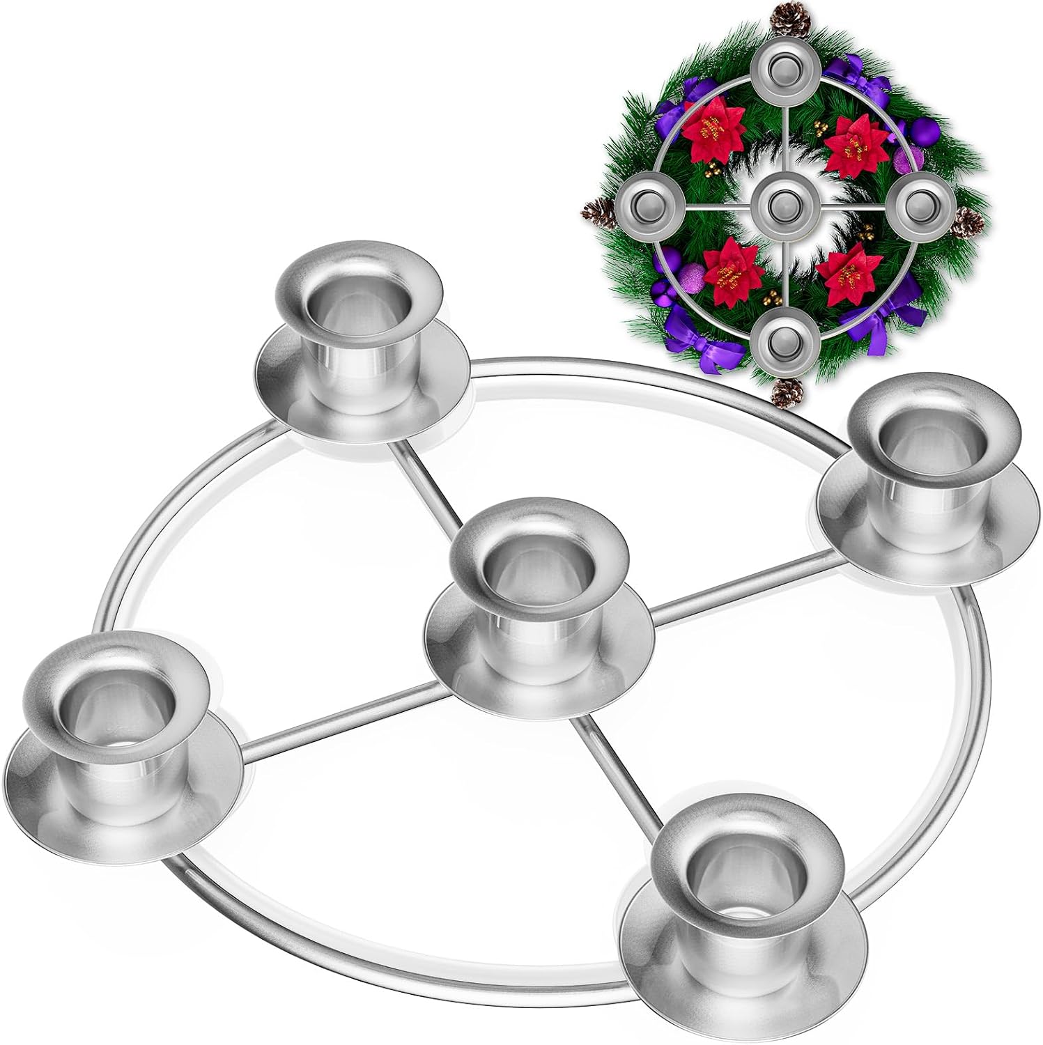 Advent Wreath 5 Candle Holder, Christmas Candle Rings Candle Holder for Tapered Advent Candles, Advent Wreath Ring Table Decoration for Christmas Advent Festival Home Party Church, Silver(No Candles)