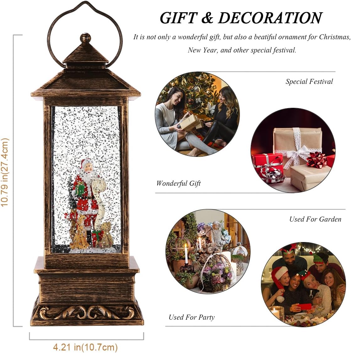 Christmas Snow Globe Lantern Crystal Glitter Lantern Features 8 Songs and 6-Hour Timer Function Ideal for Holiday Decorations and Gifts USB and Battery-Powered Snow Globe (Santa Claus)
