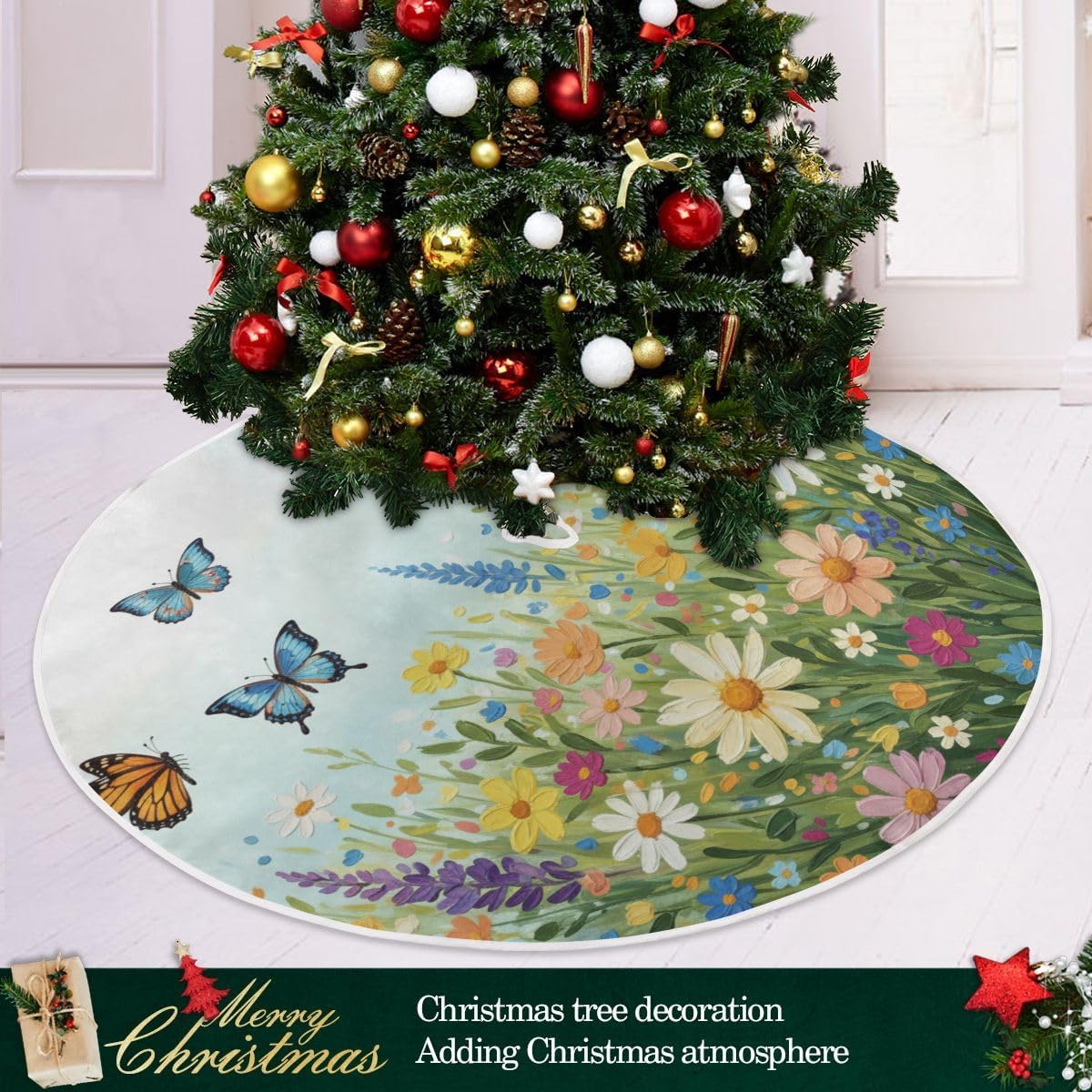 SUABO Spring Floral02 48 Inch Christmas Tree Skirt, Soft Xmas Tree Mat for Party Decoration Holiday Decor Christmas Decorations Indoor Outdoor