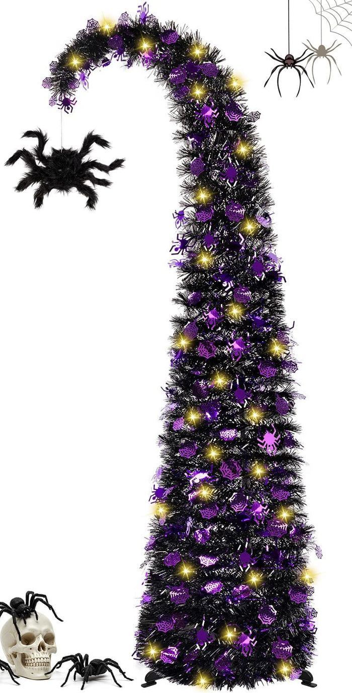 5FT Curved Halloween Pop Up Christmas Tree with Spider Pendant and Lights