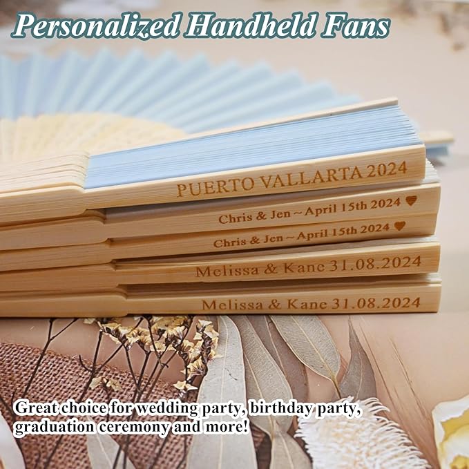 20 Pcs Personalized Light Blue Folding Hand Fans, Summer Wedding Fans, Personal Handheld Folding Fans Wedding Favors, Custom Imitated Silk-Bamboo Fans for Guests