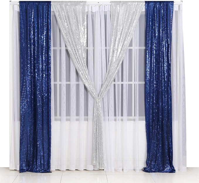 SquarePie Sequin Backdrop Non-Transparent Background Sparkly Curtain for Wedding Party 2FT x 8FT Navy Blue 2pcs