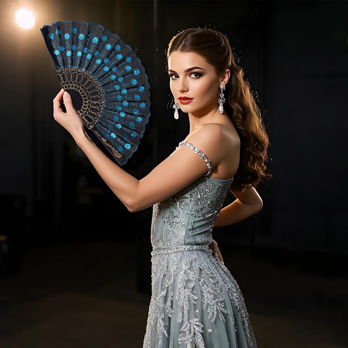 QIRMIZI 10 Pack Fabric Folding Handheld Fans, Perfect for Weddings, Parties, and Dancing,Light Blue