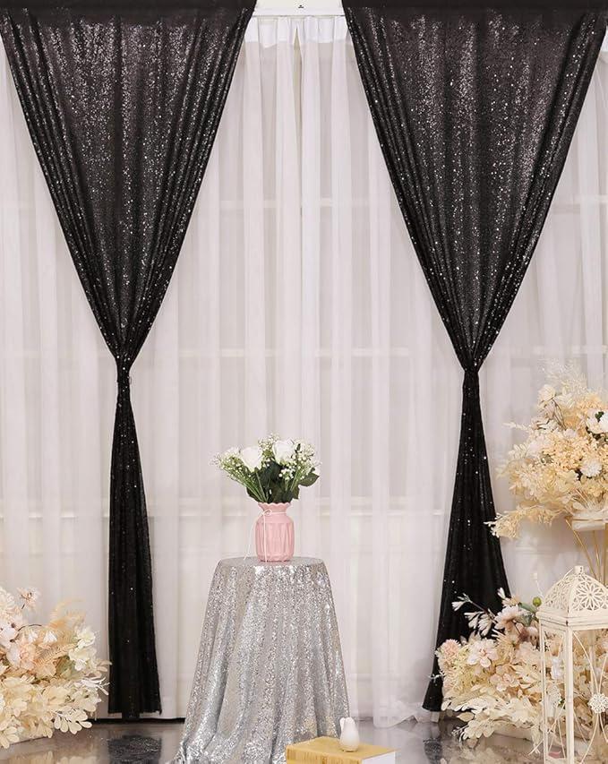 Poise3EHome Black Sequin Backdrop Curtains,4 Panels 2FTx8FT Glitter Background for Halloween Birthday Party Wedding Christmas Thanksgiving Holiday Festival Decor