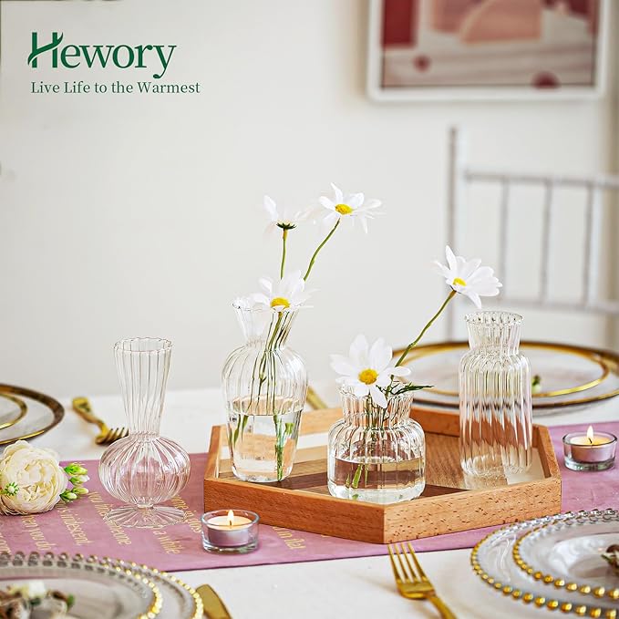 Mini Glass Vases for Centerpieces - Hewory Clear Small Bud Vases in Bulk, Cute Flower Vases Set for Wedding, Home Decoration, Table Decor (Clear, 4)