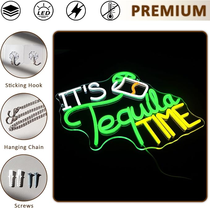 It Is Tequila Time Neon Sign for Wall Decor, Tequila Led Signs, USB Dimmable Neon Lights for Beer Bar Kitchen Restaurant Home Pub Party Man Cave Club Shops Hotel Store Business Gift