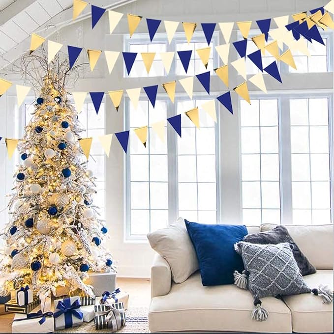30Ft Navy Blue Gold and Beige Party Decorations Royal Blue Gold Triangle Flag Pennant Banner Bunting for Graduation Birthday Wedding Bridal Shower Nautical Ahoy Achor Theme Party Decorations Supplies