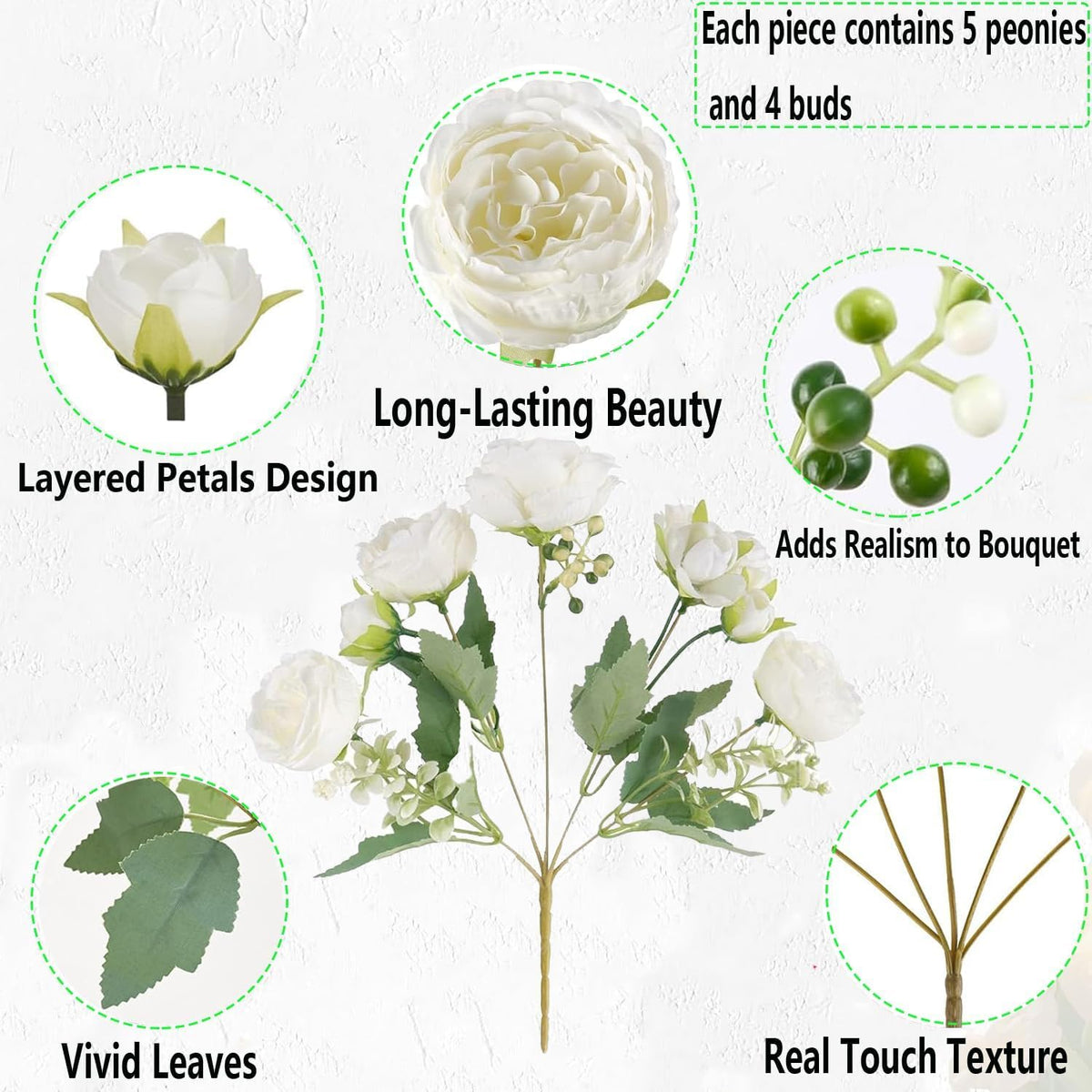 peonies artificial flowers 12 bouquets,white flowers lifelike silk, side view