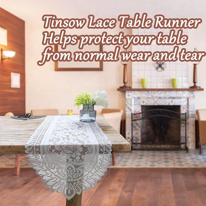 Tinsow 2 Pack Cotton Crochet Lace Rectangular Table Runner Dresser Scarf Doilies (White Style, 13" X 44")