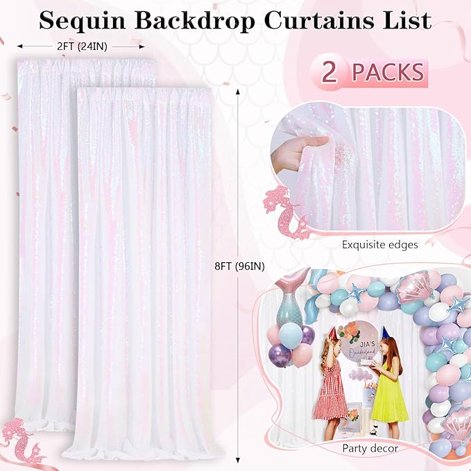 White Iridescent Sequin Backdrop 2 Panels 2FTx8FT Unicorn Backdrop Curtains Glitter Party Backdrop for Girls Birthday Decorations