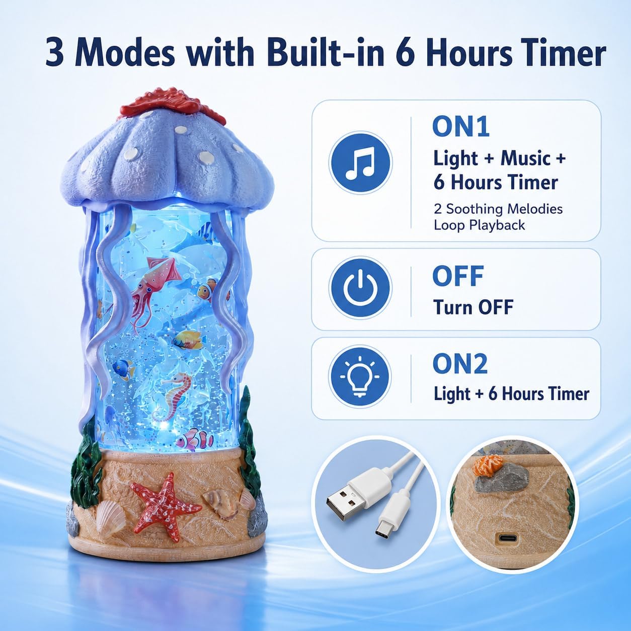Jellyfish Night Light Water Snow Globe with Music and 2 Soothing Melodies, Rotating Ocean Scene Lamp with 6 Hours Timer, USB Powered or 3 AA Battery Operated Gift for Kids Adults Bedroom Nursery
